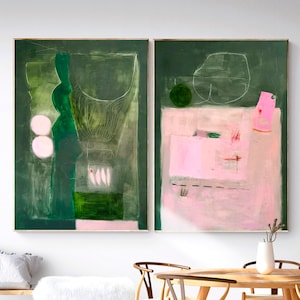 Green and Pink Abstract Art Print Set, Modern Giclée Wall Art