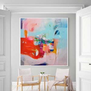 Abstract canvas art print, light blue and orange art, colorful painting for modern house, large wall art