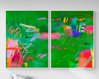 Abstract painting set of 2, Bright green Large wall art, Abstract modern art set, Green wall decor