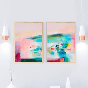 Pink Set of 2 extra large Giclee prints, large abstract wall art, pink abstract painting, modern abstract landscape by VictoriAtelier
