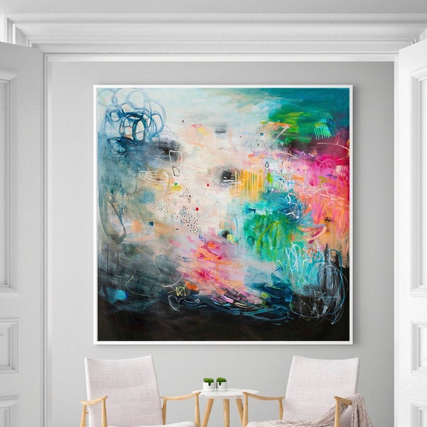Colorful and black abstract wall art print, Extra large painting for living room decor, Large modern wall art