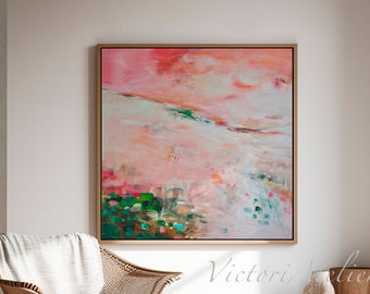 Pittura di paesaggio astratta rosa e verde, paesaggio astratto floreale corallo, grande arte murale per l'arredamento del soggiorno, arte del tratto di pennello wal