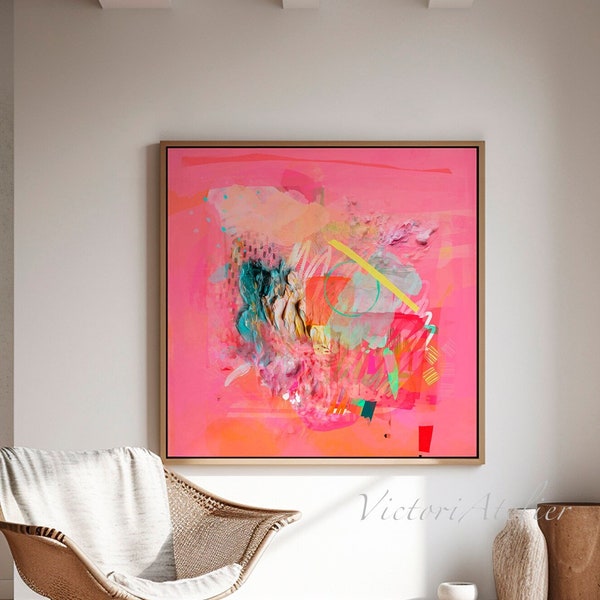 Bright pink magenta abstract artwork, Modern textured abstract painting print, Eclectic wall decor
