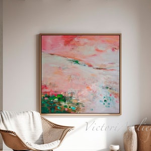 Pink and green Abstract landscape painting , Coral Floral abstract landscape, Large wall art for living room decor, Brush stroke wal art