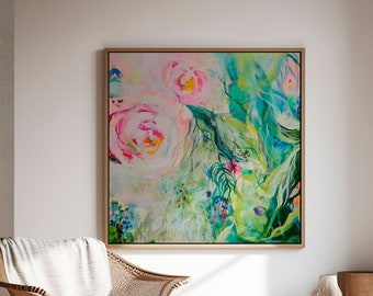 Abstract Floral Giclée Print, Green and Pink Tropical Wall Art