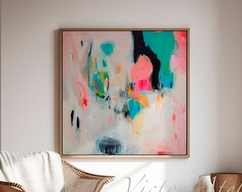 Pink black and green abstract art, Modern contemporary large wall art, Aesthetic large abstract painting