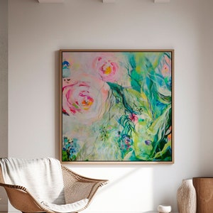 Floral wall art print, Abstract botanical print, Extra large tropical painting, Tropical wall art, Green and pink floral art