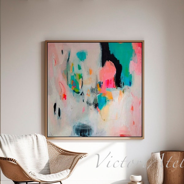 Pink black and green abstract art, Modern contemporary large wall art, Aesthetic large abstract painting