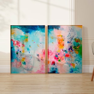 Wall art set of 2 prints, teal blue abstract art, Bedroom prints set, Modern colorful set of paintings, living room wall art