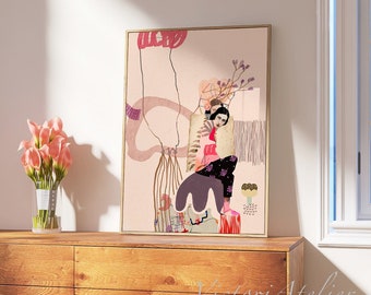 Abstract Woman Collage Art Print, Pale Pink Boho Wall Decor