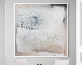 May include: Two white chairs with wooden legs and a small round table with a white top and wooden legs. The chairs are facing each other and there is a rug on the floor. A large abstract painting with white, gray, and brown colors hangs on the wall behind the chairs.