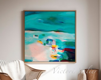 Teal Abstract Landscape Art Print, Modern Beach House Decor