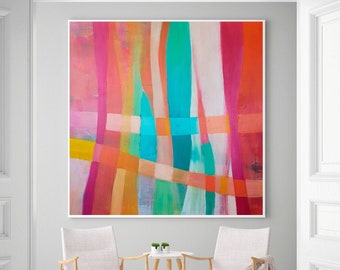 Vibrant orange geometric abstract large wall art print, Colorful abstract painting