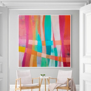 Vibrant orange geometric abstract large wall art print, Colorful abstract painting