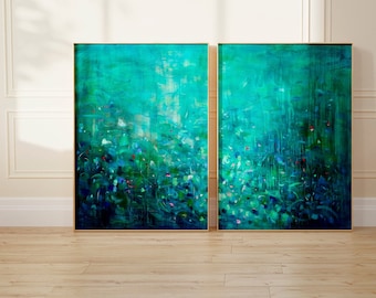 Abstract art prints, Set of 2  large prints, Set of two tropical paintings, Abstract painting, Set of 2 abstract art, Emerald green wall art