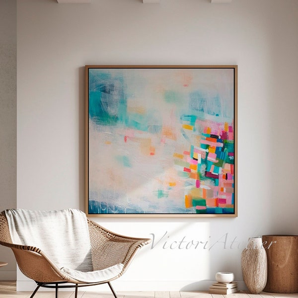 Lichtblauwe abstracte kunstprint, moderne giclée, decoratie grote muur