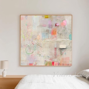 Impressão de arte de parede abstrata suave, pintura pastel moderna, arte texturizada contemporânea, decoração minimalista para casa com mídia mista
