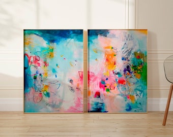 Wall art set of 2 prints, teal blue abstract art, Bedroom prints set, Modern colorful set of paintings, living room wall art