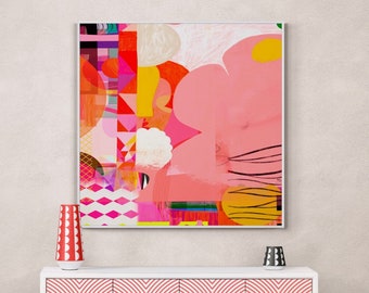 Abstract painting print, Vibrant colourful pink multicolor, Extra large wall art, Bright multicolor abstract painting