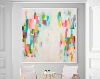 Light pink and multicolored wall art print,Abstract painting giclee print, large fine art print, Nursery wall decor