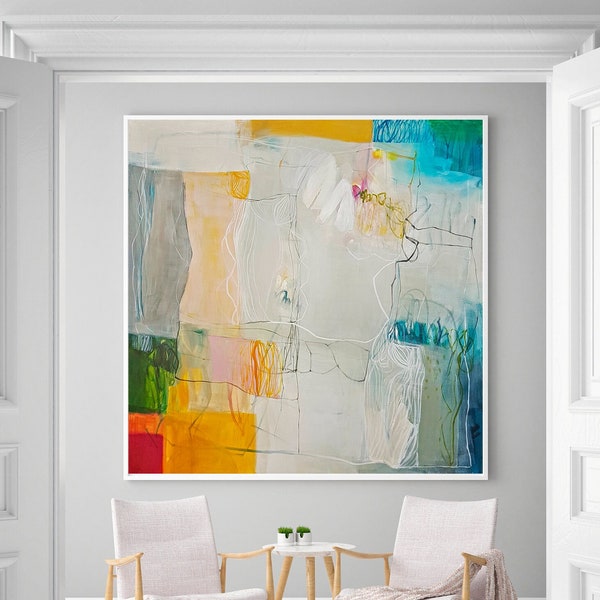 Large wall art abstract print, Colorful painting yellow and gray, Vibrant wall decor for living room