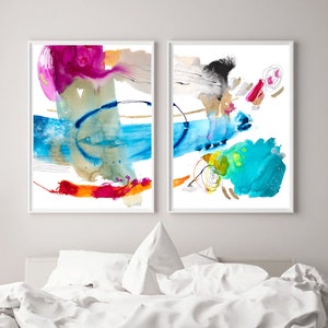 Conjunto de 2 impressões coloridas de belas artes em aquarela, arte de parede extra grande, pinturas de arte abstrata moderna embelezadas à mão com folha de ouro
