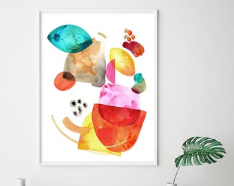 Orange Watercolor wall art, Geometric print, bright abstract painting, watercolor art print, modern wall decor, abstract painting print