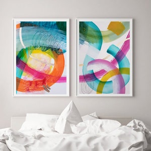Set of 2 colorful abstract and vibrant colors art print, extra large wall art, Modern abstract art paintings hand embellished with gold leaf