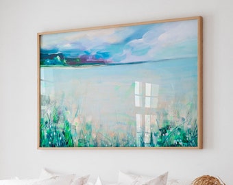 Blue and green abstract landscape print, Tropical green floral, Large wall art painting, Extra large abstract art