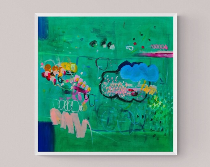 Bright Green Original Abstract Art on Canvas, Playful and Joyful