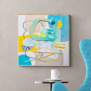 Arte abstrata original, escultura de pintura abstrata 3d, arte abstrata de mídia mista em tela, arte abstrata 3d original. Azul claro amarelo