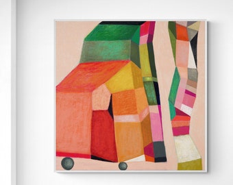 Abstract painting colorful geometric print, Orange green large wall art, Modern abstract art