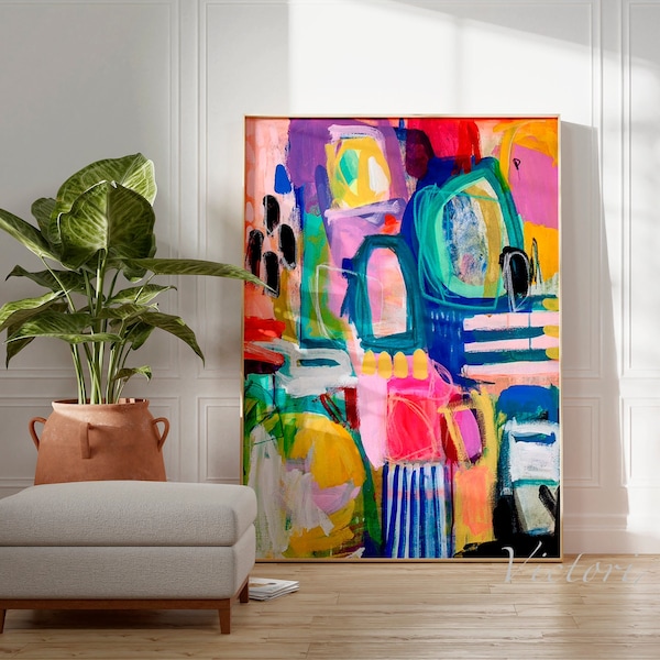 Bright, vivid and colourful abstract print, Funky multicolour abstract art, modern wall art