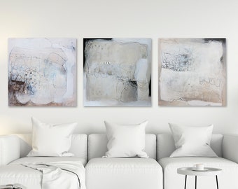 Set of 3 abstract art prints, Modern minimalist extra large wall art in white, beige and black, Extra large abstract paintings