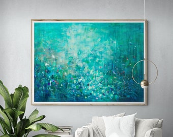 Large abstract art print on canvas, Emerald green abstract forest landscape, Abstract tropical nature