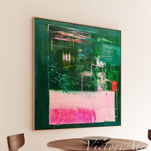 Abstract art print, Green and pink abstract painting, Extra large modern dark green wall  art, Horizontal artwork