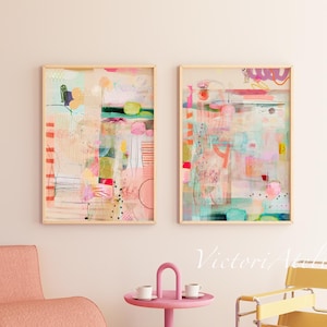 Set di 2 stampe astratte, Arte murale rosa multicolore, Dipinto astratto moderno, Arte murale extra large