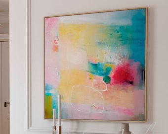 Pastel colors Abstract print, Yellow pink abstract painting, Gradient Large wall art print, Modern aesthetic wall art