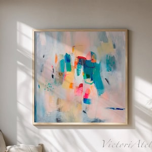 オリジナルの幾何学的抽象画、カラフルなモダンアート（40x40インチ