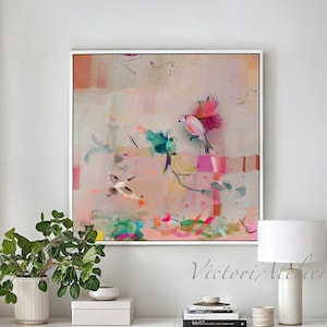 Colorful birds wall art, Abstract painting scenary with birds, Modern nature wall decor, Birds abstract art