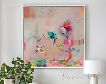 Bunte Vögel Abstrakte Kunst, Moderne Natur Giclée Druck