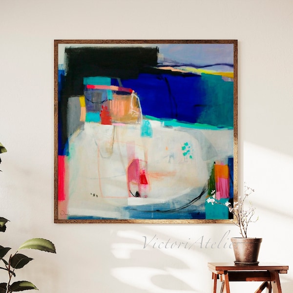 Vierkante abstracte landschapskunstdruk, blauw zwart modern schilderij