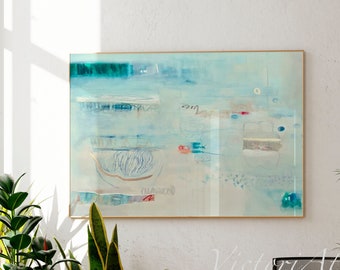 Light blue abstract painting print, Avobe bed teal trendy wall art, Minimalist abstract wall decor, Hand embellished with gold leaf