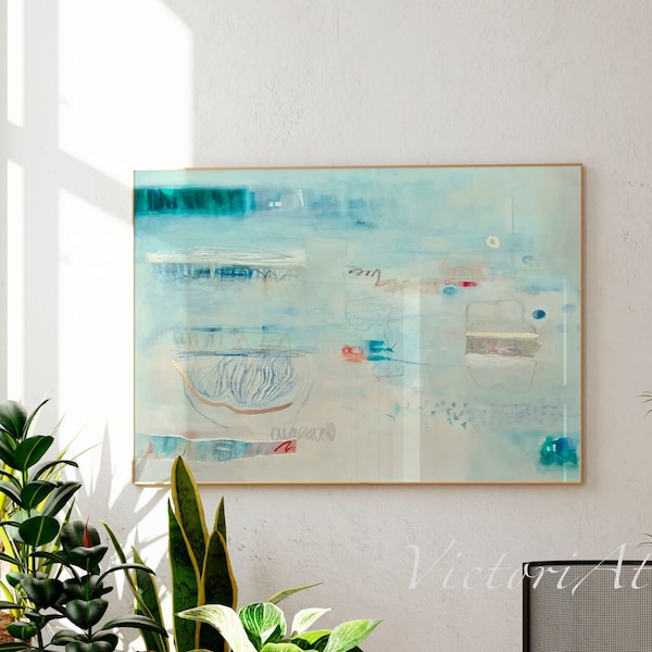 Light blue abstract painting print, Avobe bed teal trendy wall art, Minimalist abstract wall decor, Hand embellished with gold leaf