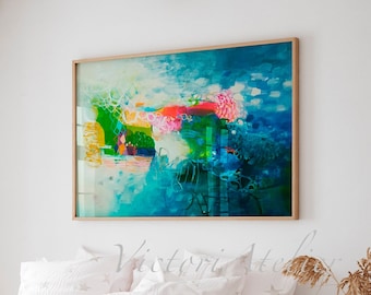 May include: A white bed with a white and grey star patterned duvet cover and two white pillows. A large abstract painting with blue, green, yellow, and pink colours hangs on the wall behind the bed.