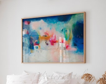 Blue abstract landscape, Large wall art painting print, Colorful over bed abstrac modern art