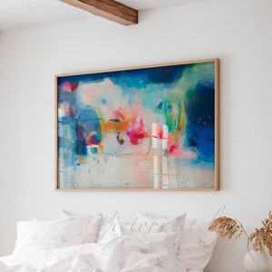 Blue abstract landscape, Large wall art painting print, Colorful over bed abstrac modern art