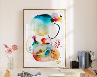 Abstract Watercolor print, Multicolor abstract painting hand embellishe with gold leaf