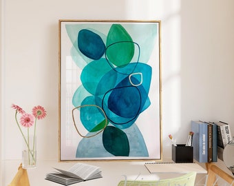 Impressie van abstract blauw en groen, kunst van abstracte geometrische vormen, abstracte posters sieren een man met pan de oro