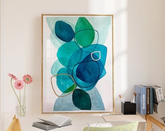 Impresión de pintura abstracta azul y verde, arte de pared abstracto de formas geométricas, póster abstracto adornado a mano con pan de oro